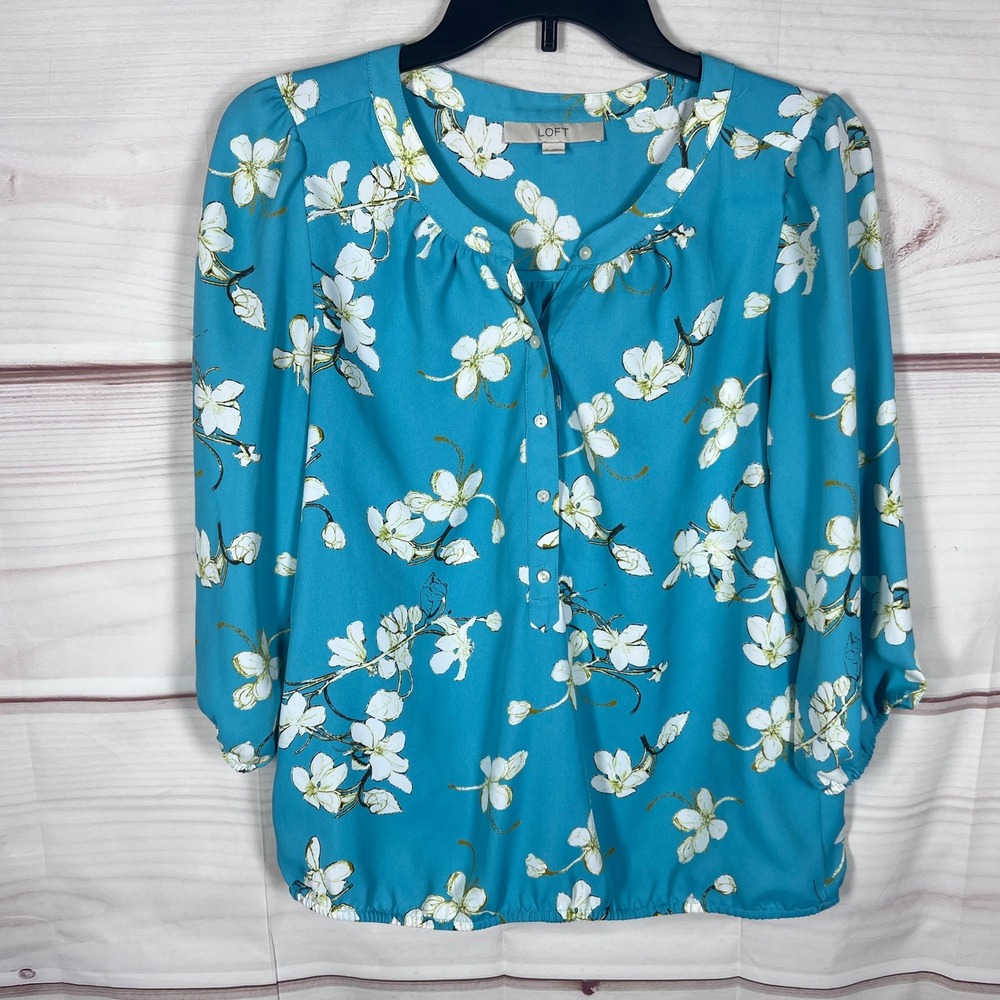 LOFT Blouse Womens S Blue Floral Henley Top Elastic Hem 3/4 Sleeve Career Wear